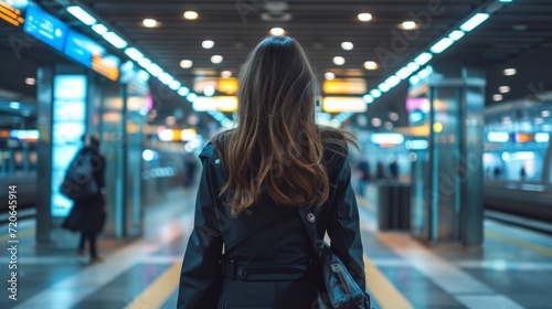 A Young Businesswoman Walking Through a Train Station Gate