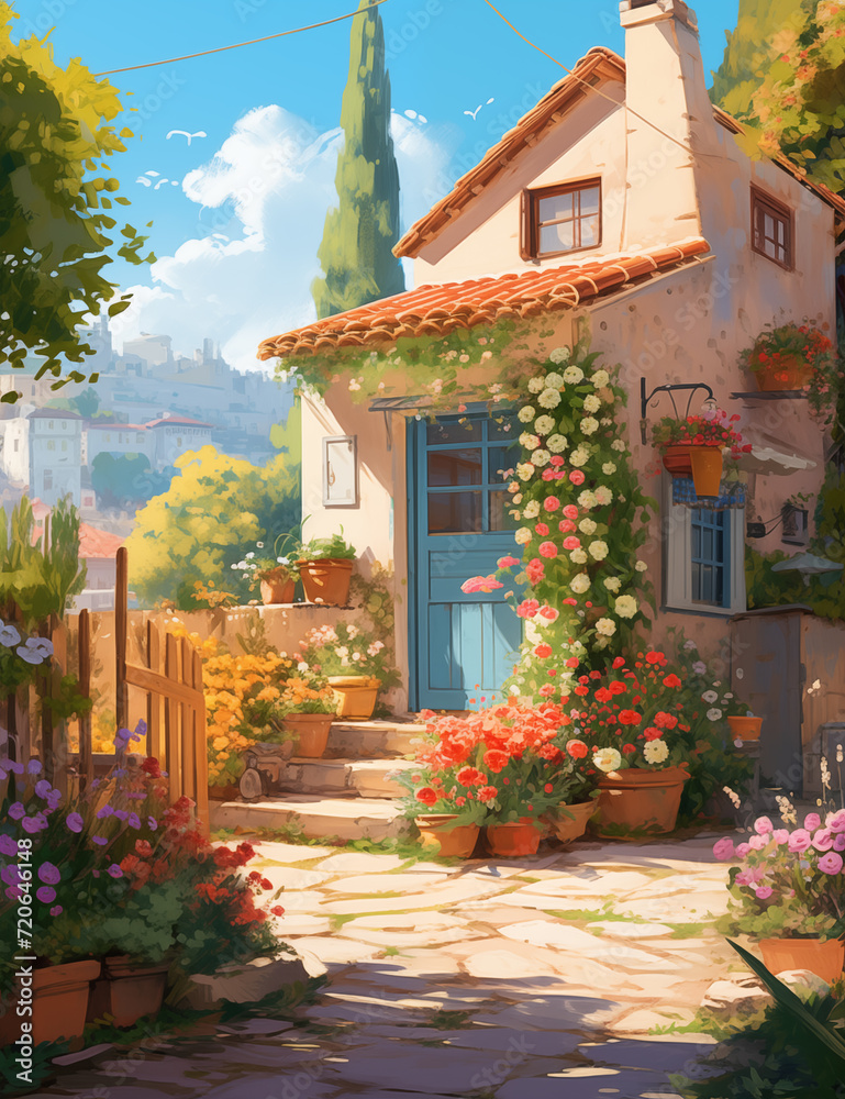 Fototapeta premium an anime village with a little house and flowers