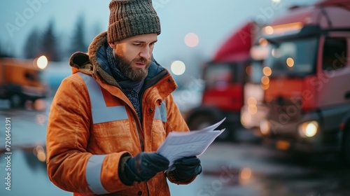 A transportation manager reviewing a checklist in a parking lot