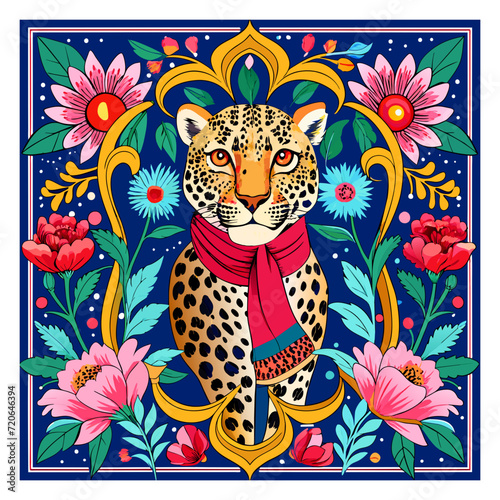 Flora and Fauna  Harmony of Baroque Flowers on a Leopard Patterned Scarf