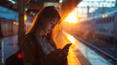 Texting on Her Smartphone at the Train Station © ArtCookStudio