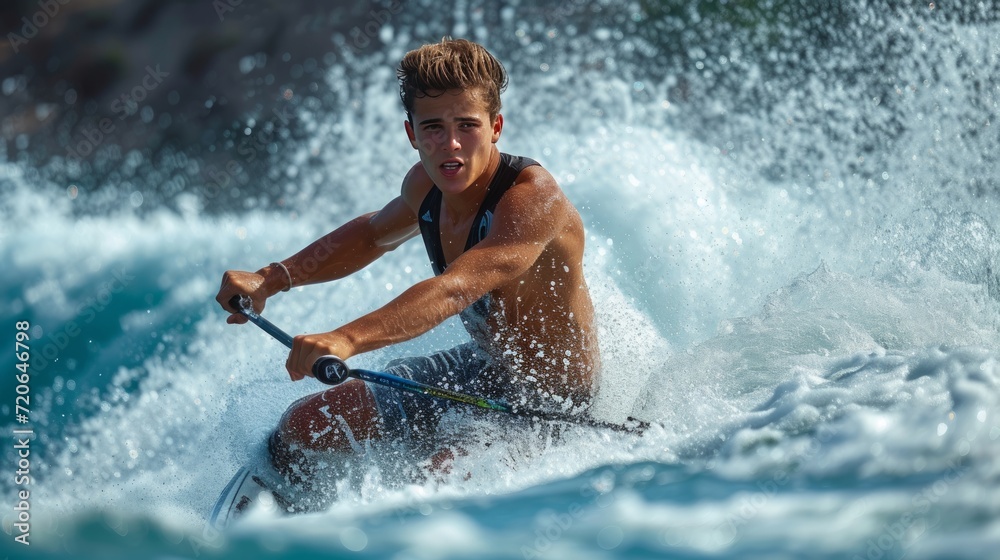 A young beautiful man skates on water skis in the ocean in sea