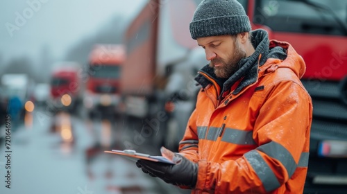 A transportation manager reviewing a checklist in a parking lot