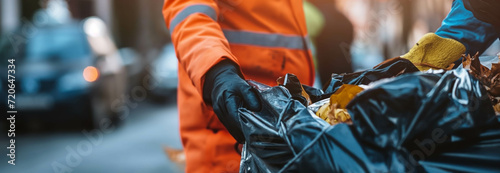 Close-up of the hand of a garbage collector in the city.