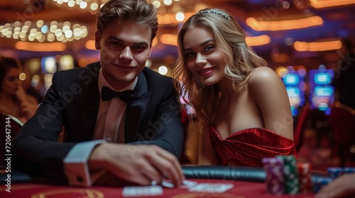 a young couple plays poker in a casino. A man is dressed in a black suit, a woman is dressed in a red satin dress