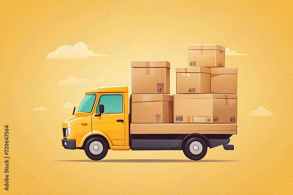 Courier delivery Truck on yellow background, online sale, shipping, parcel, courier and delivery concept Courier delivery Truck on yellow background, online sale, shipping, parcel, courier and delivery concept