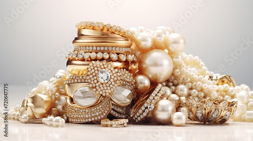 Luxury gold jewelry pile collection on a white background. Created with Generative AI photo