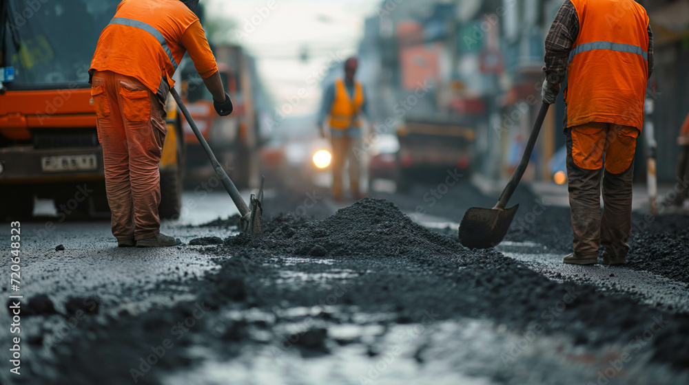 Workers are repairing roads in the city. Workers are repairing roads in the city.