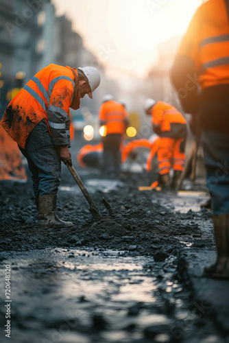 Workers are repairing roads in the city. photo