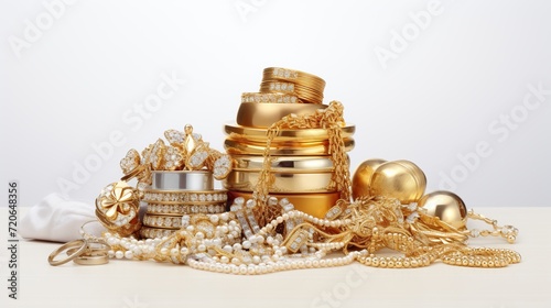 Luxury gold jewelry pile collection on a white background. Created with Generative AI