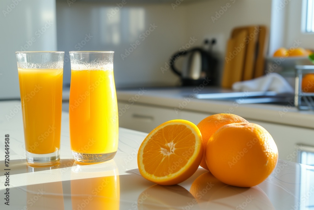 Fresh Orange Juice and Oranges on Table Fresh Orange Juice and Oranges on Table