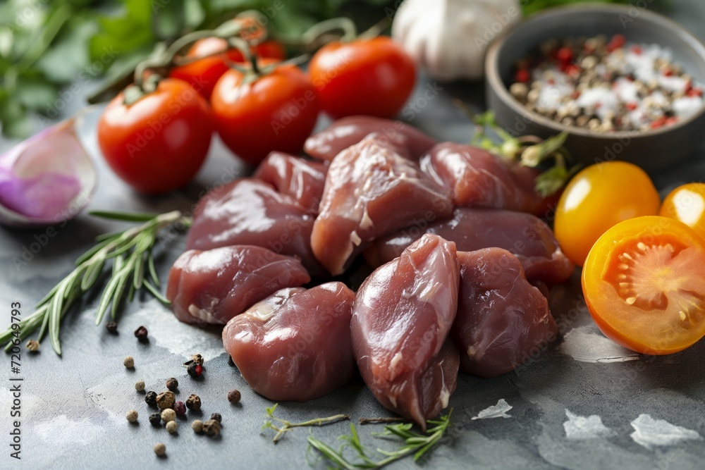 Raw Chicken Offal with Fresh Tomatoes and Spices Raw Chicken Offal with Fresh Tomatoes and Spices