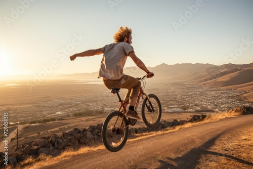 Skilled BMX cyclist jumping high during his freestyle ride with scenic landscape on background photo