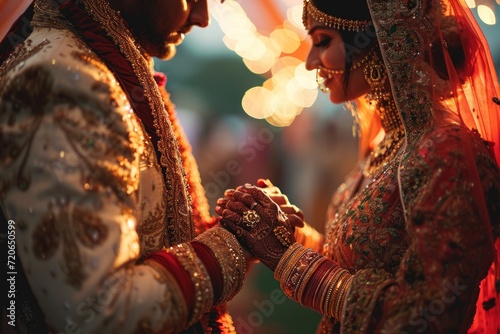 Close-up of elegant Indian bride and groom holding hands during traditional Hindu wedding ceremony
