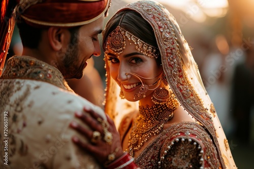 Beautiful Indian bride and groom bonding and smiling during traditional Hindu wedding ceremony