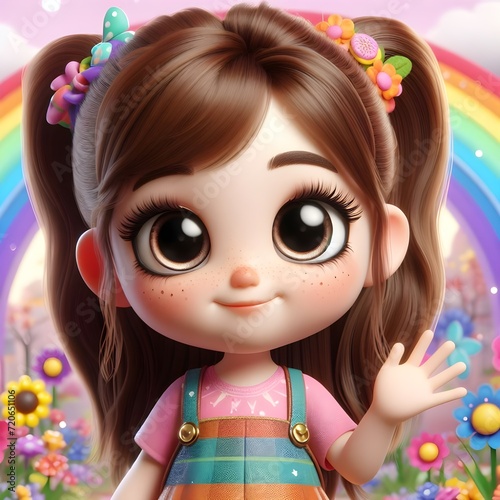 Cheerful Animated Girl Waving With Colorful Rainbow and Flowers in a Magical Garden