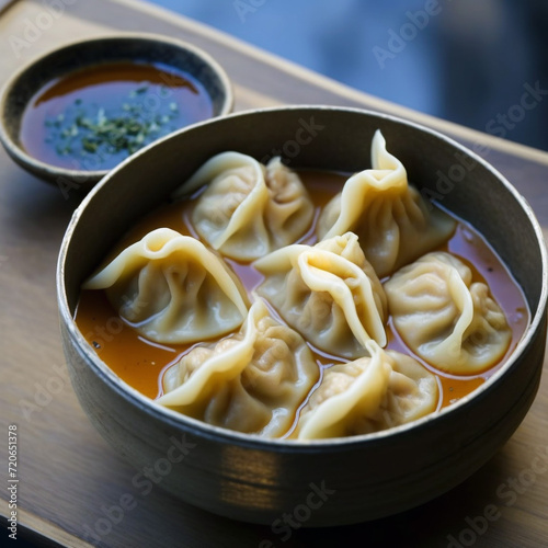 gyoza, illustration for restaurant menus, famous Asian dishes, unusual antique backgrounds, and fried dumplings.