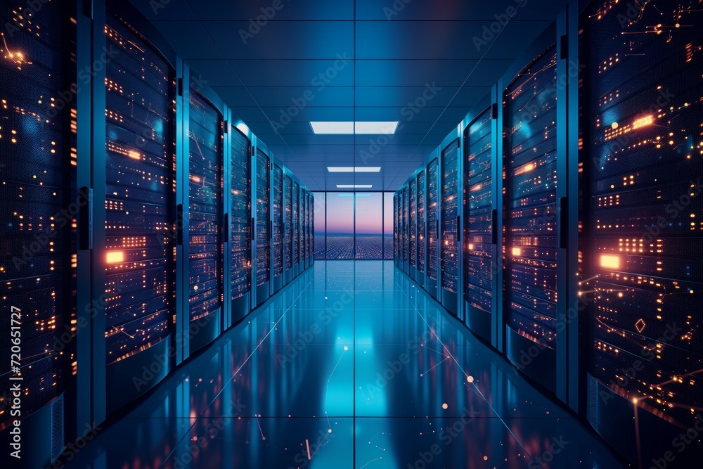 Data Center Server Room with Blue Lighting