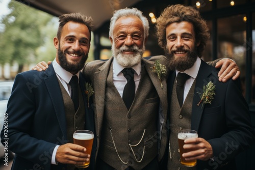 Three elegant smiling men in luxury formalwear embracing and enjoying beer in pub together photo