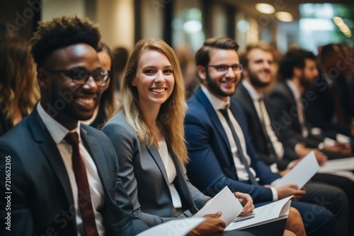 Group of smiling job candidates in formalwear holding CV while sitting in a row photo