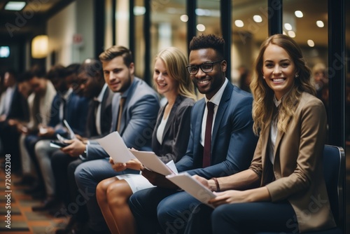 Group of smiling job candidates in formalwear holding CV while sitting in a row photo