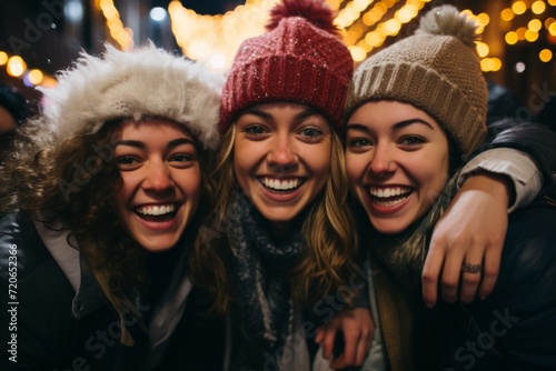 Three beautiful young female friends in winter clothing smiling while having fun outdoors together