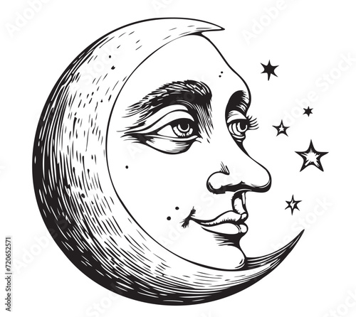 Moon, Crescent, illustrations in engraving style. Graphic drawings in vector. Vintage pastiche of esoteric and occult signs.