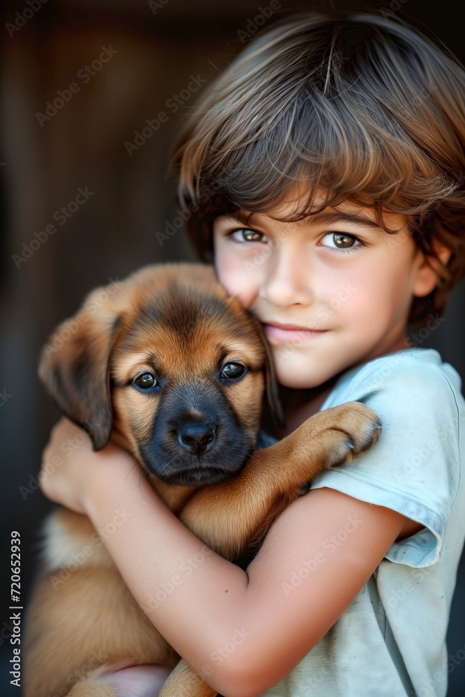 vertical close up of Cheerful Boy Hugging His Puppy dog Sharing a Moment of Joy and Friendship vertical close up of Cheerful Boy Hugging His Puppy dog Sharing a Moment of Joy and Friendship