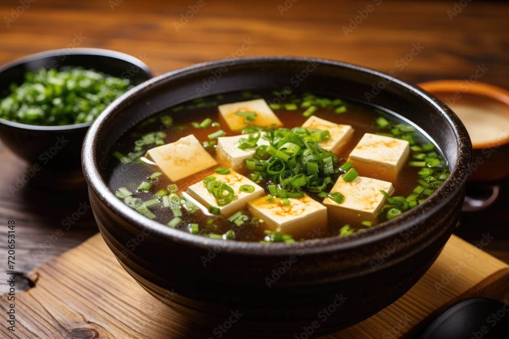 miso soup in a white bowl on the table. ai generated miso soup in a white bowl on the table. ai generated