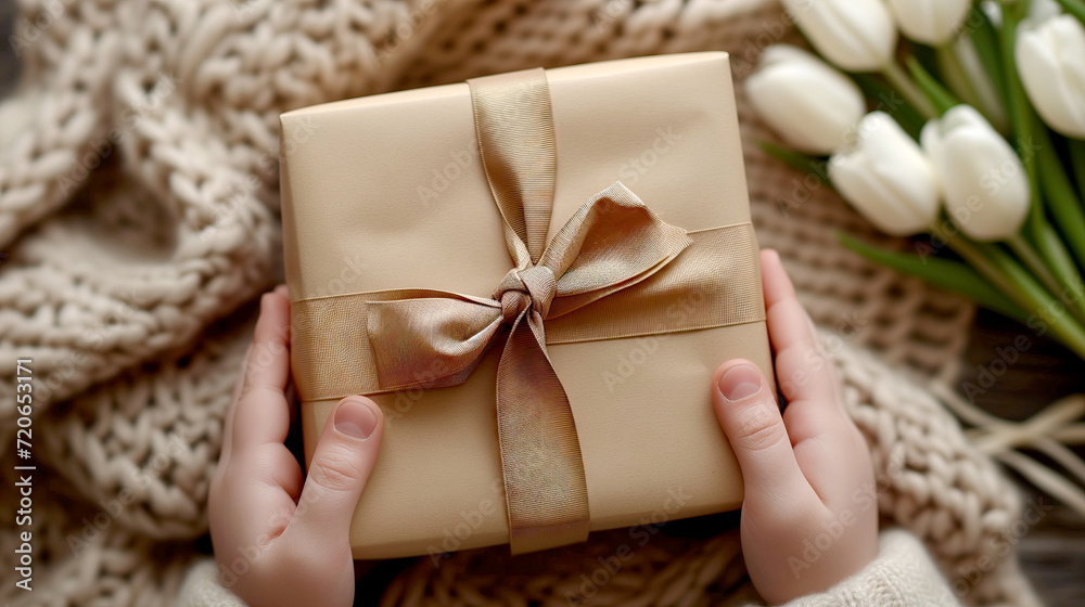 close up of The child's hands hold Eco-Friendly gift box with a ribbon and with White Tulips on beige textile close up of The child's hands hold Eco-Friendly gift box with a ribbon and with White Tulips on beige textile