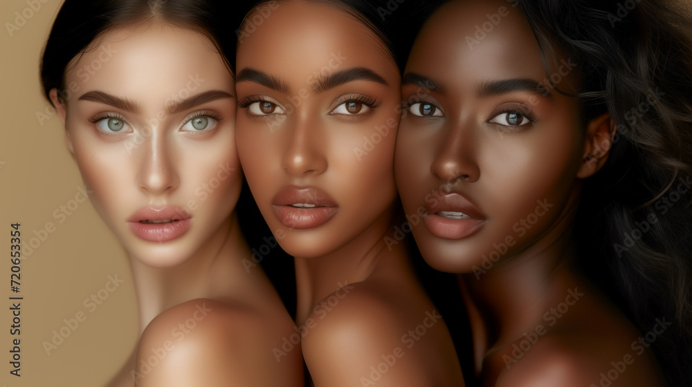 Diverse group of beautiful women portrait are showcasing natural beauty, emphasizing care, health and skincare.