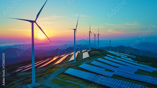 wind turbines, solar panels and sunset at the top of a mountain
