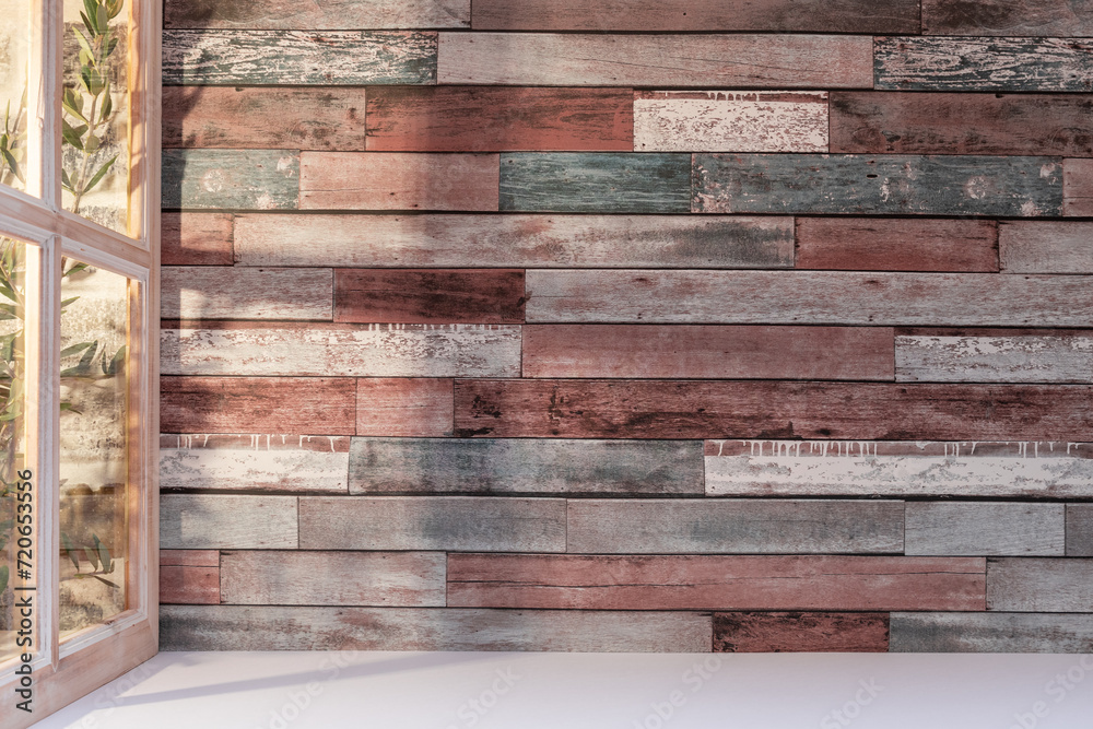 Panorama de fond d'un mur en planches en bois avec une fenêtre pour création d'arrière plan. Jeu d'ombre et de lumière du soleil à travers une fenêtre avec des branches d'oliviers. Panorama de fond d'un mur en planches en bois avec une fenêtre pour création d'arrière plan. Jeu d'ombre et de lumière du soleil à travers une fenêtre avec des branches d'oliviers.