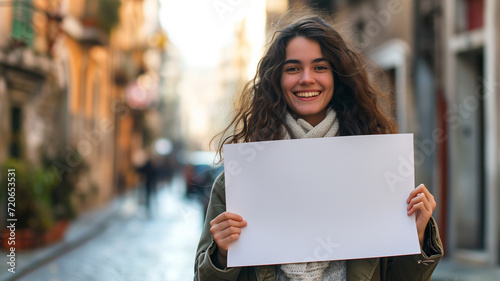  young woman holds up a blank sign in a city street