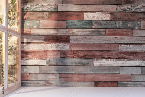 Panorama de fond d un mur en planches en bois avec une fen  tre pour cr  ation d arri  re plan. Jeu d ombre et de lumi  re du soleil    travers une fen  tre avec des branches d oliviers.