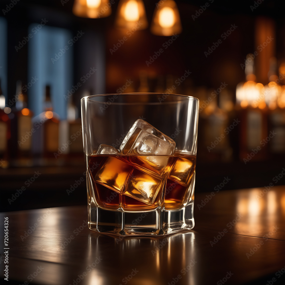 Cognac in a glass with ice stands on a table in a bar, soft light