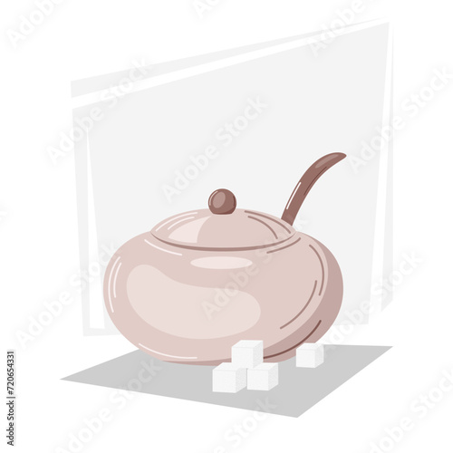Vector illustration of a round sugar bowl with sugar cubes. Isolated image of kitchen utensils.