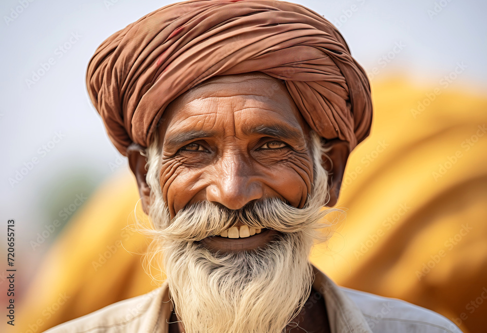 Generative AI illustration of elderly man with a joyful expression wearing a turban, with a white mustache and a friendly smile, outdoors with a blurred background Generative AI illustration of elderly man with a joyful expression wearing a turban, with a white mustache and a friendly smile, outdoors with a blurred background