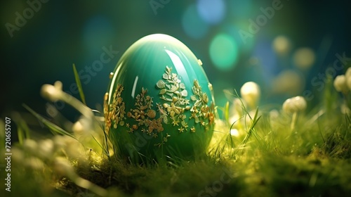 Beautiful painted Easter egg on a green grass in the fresh spring meadow in bokeh background. Created with Generative AI