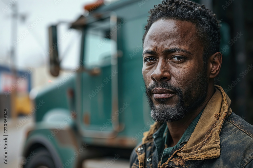 Generative AI illustration of focused African American truck driver stands in front of his green truck, reflecting on the day Generative AI illustration of focused African American truck driver stands in front of his green truck, reflecting on the day