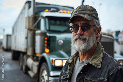 Generative AI illustration of seasoned truck driver with glasses and a cap stands confidently in front of his semi-truck photo
