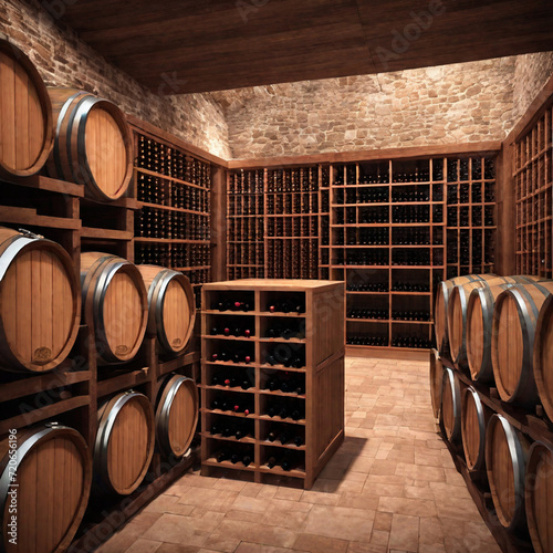 Wine cellar interior with bottles of red and white wine on shelves