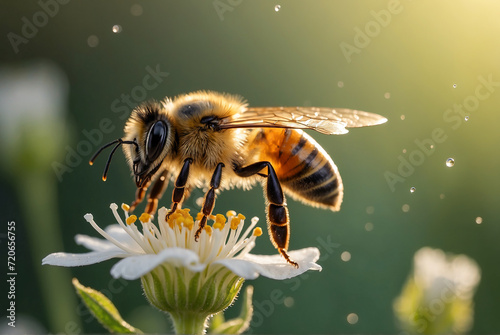 A honey bee collects pollen from a flower in the field. Bee Honey © Olena