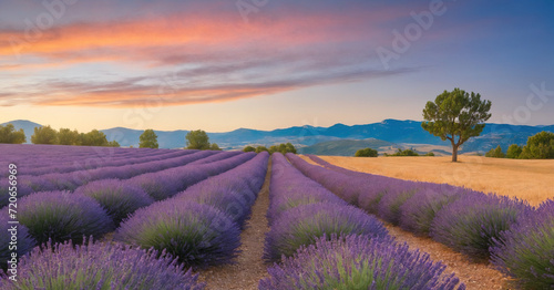 Picturesque lavender fields in the Gorges du Verdon, Provence, France, capturing the fragrant beauty of a colorful summer sunset.