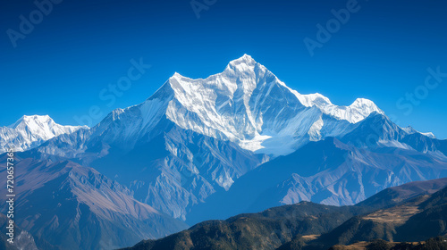 A photograph of a majestic snow-covered mountain range, with towering peaks rising against a clear blue sky © JosCarlos