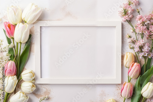 Spring floral arrangement with blank white frame. Generative AI image photo