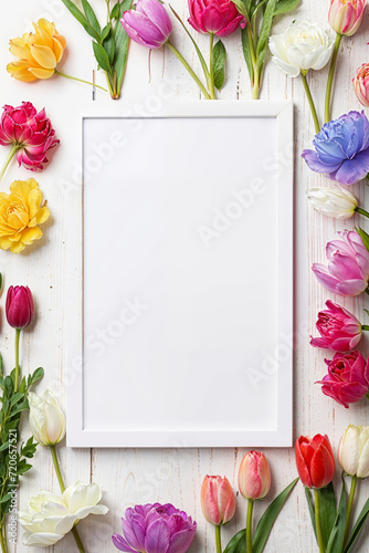 Tulips surrounding a blank frame on a white wooden surface. Generative AI image photo