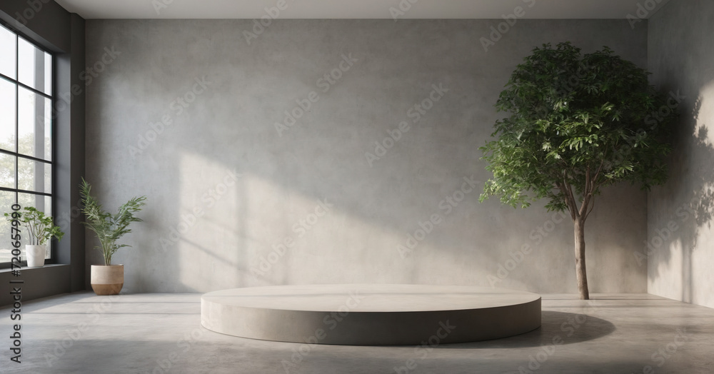 A trendy and minimalist studio background with neutral tones, featuring a concrete podium and leafy plant for a versatile and aesthetic product presentation. A trendy and minimalist studio background with neutral tones, featuring a concrete podium and leafy plant for a versatile and aesthetic product presentation.