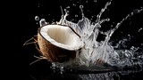 coconut thrown into the water on black background