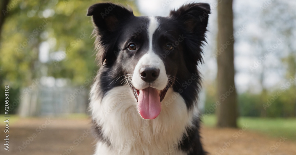 A beautiful black and white Border Collie, sitting outdoors with a content and playful expression, showcasing the pure joy of canine companionship.